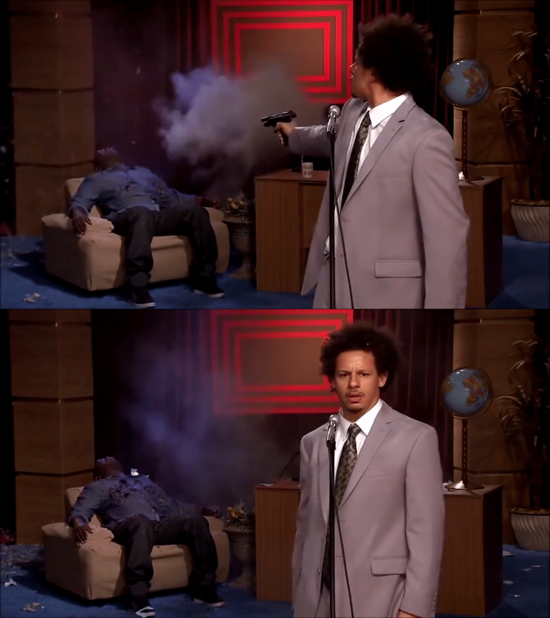 Eric Andre shoots his show sidekick Hannibal and looking confused