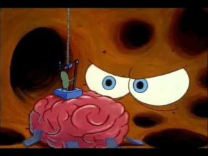 Spongebob looking at Plankton in his Brain Plankton meme template