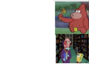 Cave Patrick vs. Smart Librarian Gary Spongebob meme template
