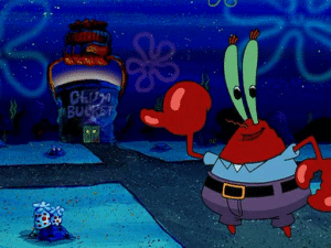 Mr. Krabs Pointing to Chum Bucket Pointing meme template