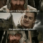 Never thought I'd die fighting side by side with an elf  meme template blank Lotr, Gimli, Legolas