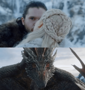 Jon Snow Kisses Daenerys while Dragon Watches Kiss meme template