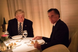 Romney Eating Dinner with Trump Squinting Trump meme template