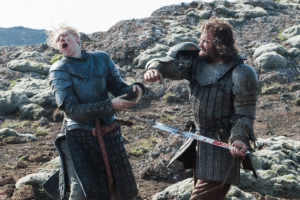 The Hound vs. Brienne Fighting meme template