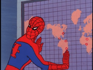 Spiderman Looking Behind in front of map Spiderman meme template