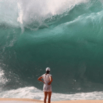 Woman about to be hit by giant wave  meme template blank