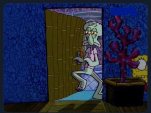 Squidward walking through door, Spongebob hiding in corner Door meme template