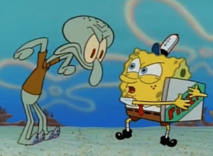 Spongebob protecting pizza from Squidward Protecting meme template