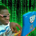 Black guy hacking on computer Black Twitter meme template blank cool, sunglasses