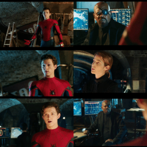 Spiderman far from home talking to Nick Fury Spiderman meme template