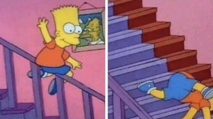 Bart riding down rail then falling Simpsons meme template
