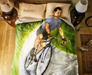 Riding Bike in Bed Stock Photo meme template