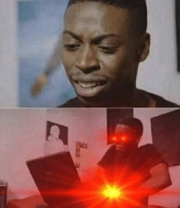 Black guy looking at computer, laser eyes Black Twitter meme template