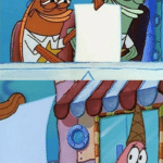 Patrick scared of paper shown by cops Spongebob meme template blank