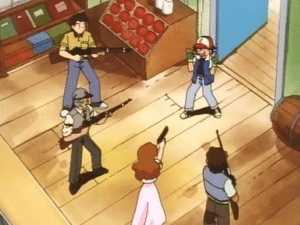 Guns pointed at Ash Pointing meme template