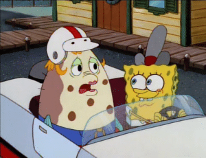 Spongebob driving a sad Mrs. Puff Sad meme template