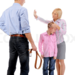 Mom stopping dad from hitting kid with belt Stock Photo meme template