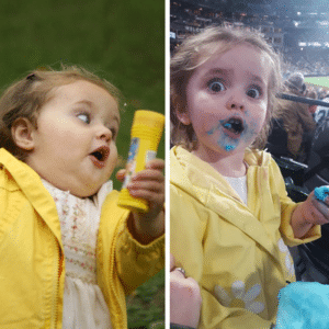 Bubble girl eating cotton candy IRL meme template