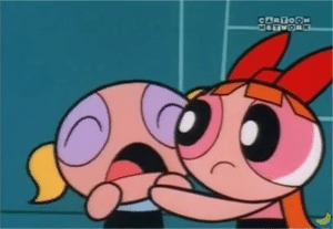 Bubbles crying, Blossom comforting Powerpuff meme template
