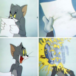 Tom cat reading paper, getting hit by pie  meme template blank