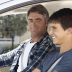 Dad talking to son in car stock photo meme template blank