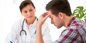 Stressed out while talking to doctor Stock Photo meme template