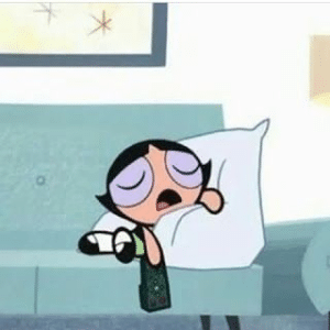 Buttercup sleeping and holding remote Powerpuff meme template