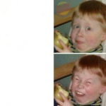 Kid eating apple then laughing  meme template blank