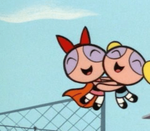 Bubbles and Blossom Hugging (in the air) IRL meme template