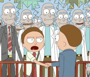 Morty shaking hands with himself Hand meme template