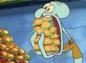Squidward stuffing mouth with Krabby Patties Eating meme template