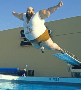 Fat guy jumping in pool IRL meme template