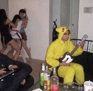 Playing guitar while girls hook up in the background Pikachu meme template