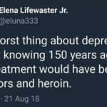 depression-memes depression text: Elena Lifewaster Jr. @eluna333 The worst thing about depression is that knowing 150 years ago my treatment would have been vibrators and heroin. 5:41 PM •21 Aug 18  depression