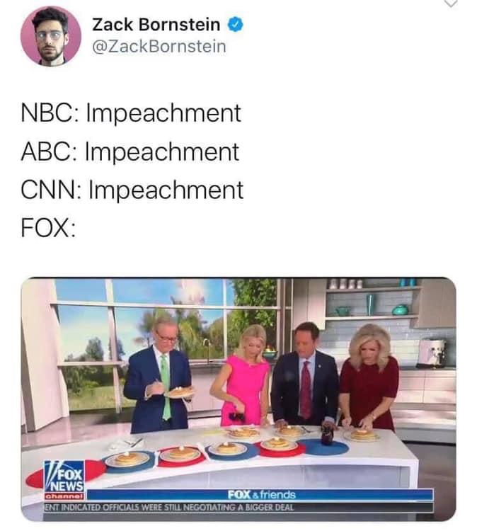 political political-memes political text: Zack Bornstein @ZackBornstein NBC: Impeachment ABC: Impeachment CNN: Impeachment FOX: EWS FOX A me WERE 