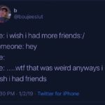 depression-memes depression text: @boujeeslut me: i wish i had more friends:/ someone: hey me: me: .....wtf that was weird anyways i wish i had friends 11:30 PM 1/2/19 • Twitter for iPhone  depression