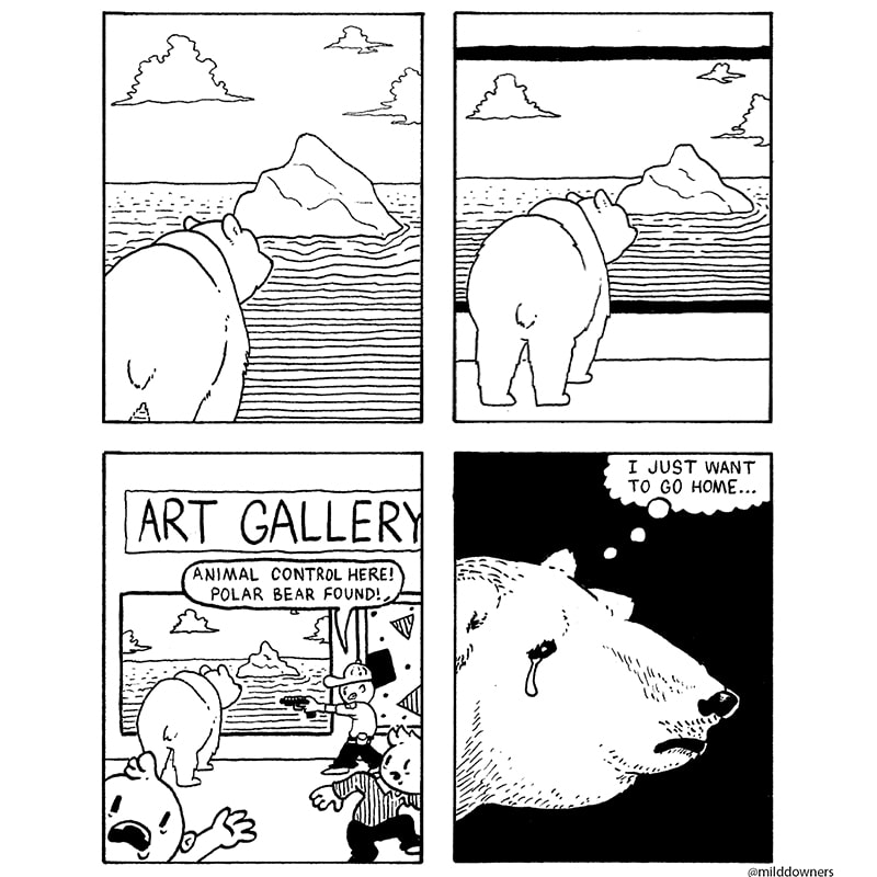 comics comics comics text: 1 JUST WANT TO GO HOME... ART CALLER ANIMAL CONTROL HERE! POLAR BEAR FOUND! , 