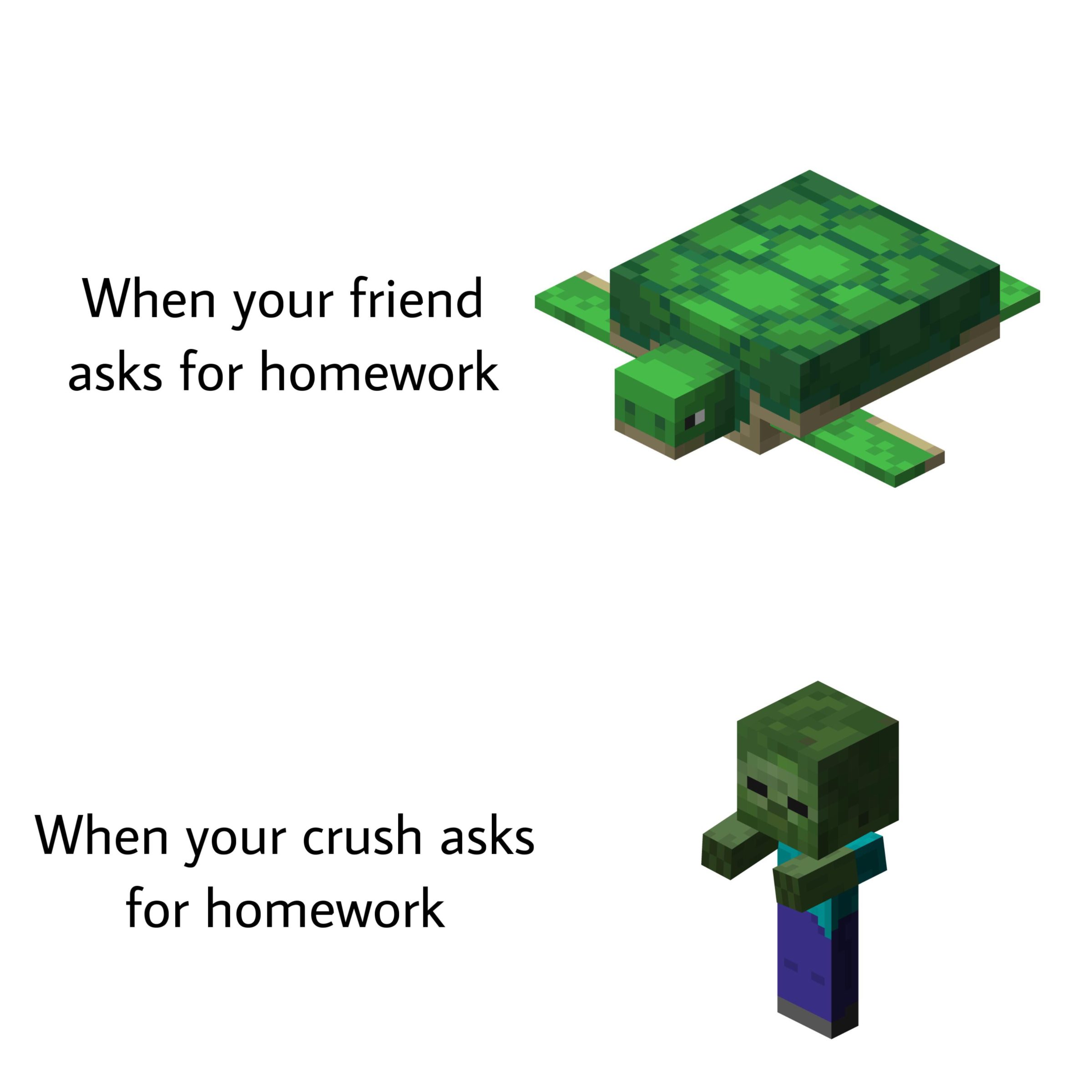 minecraft minecraft-memes minecraft text: When your friend asks for homework When your crush asks for homework 
