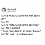 feminine-memes women text: Elle Oh Hell @ElleOhHell MARIE KONDO: Does this item spark joy? ME: no MARIE KONDO: Does this spark joy? ME: No, it doesn