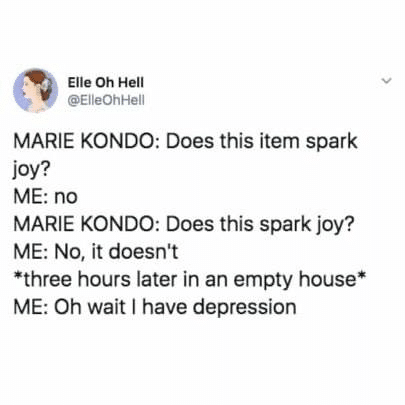women feminine-memes women text: Elle Oh Hell @ElleOhHell MARIE KONDO: Does this item spark joy? ME: no MARIE KONDO: Does this spark joy? ME: No, it doesn't *three hours later in an empty house* ME: Oh wait I have depression 