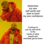 feminine-memes women text: Determine my own self-worth and start to build my own confidence Continue to put my self-worth in the hands of other people and inevitably get let down i mgfip_ccw  women