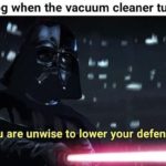 star-wars-memes ot-memes text: My dog when the vacuum cleaner turns off You are unwise to lower your defenses  ot-memes