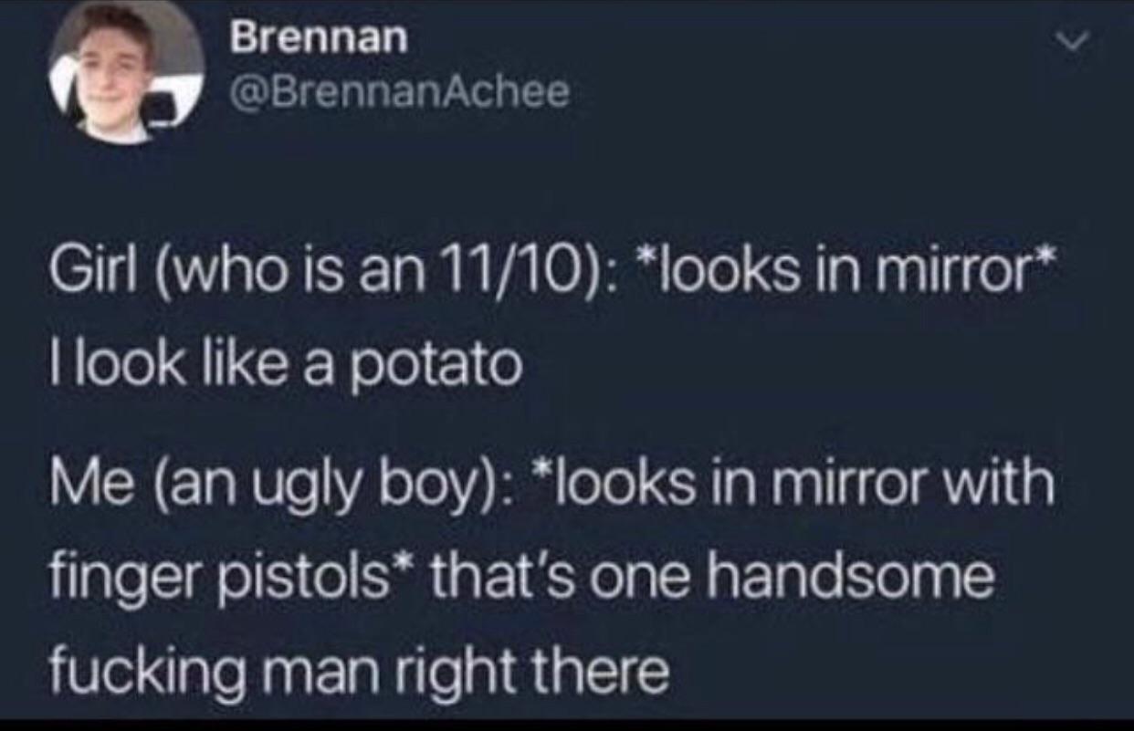 cute wholesome-memes cute text: Brennan @BrennanAchee Girl (who is an 11/10): *looks in mirror* I look like a potato Me (an ugly boy): *looks in mirror with finger pistols* that's one handsome fucking man right there 