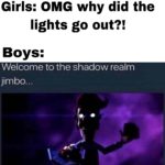 dank-memes cute text: Girls: OMG why did the lights go out?! BOYS: Welcome to the shadow realm jimbo...  Dank Meme