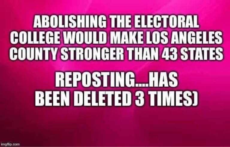 political political-memes political text: ABOLISHING THE ELECTORAL COLLEGE WOULD MAKE LOS ANGELES COUNTY STRONGER THAN 43 STATES REPOSTING....HAS BEEN DELETED 3 TIMES) 
