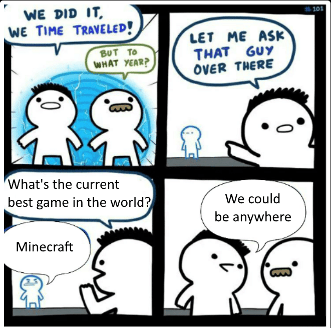 minecraft minecraft-memes minecraft text: WE DID IT. WE Tine TRAVELED! unAT What's the current best game in the world? Minecraft LET ME ASE THAT 607 OVER We could be anywhere 