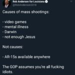 political-memes political text: Rob Anderson for Louisiana @RobAnderson2018 Causes of mass shootings: - video games - mental illness - Darwin - not enough Jesus Not causes: - AR-1 5s available anywhere The GOP assumes you