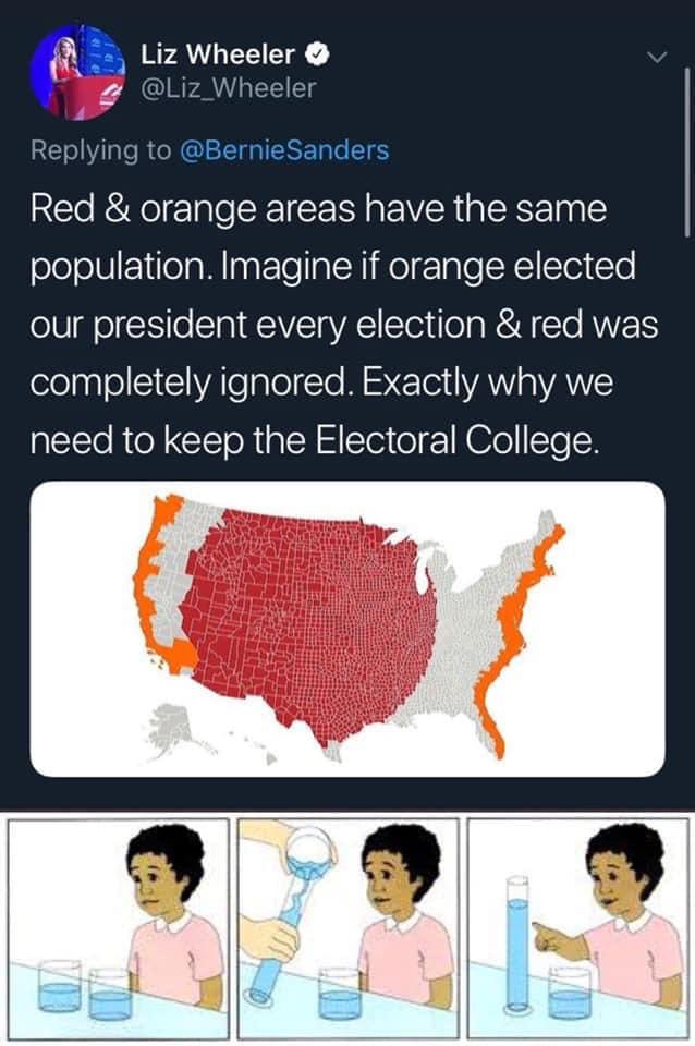 political political-memes political text: Liz Wheeler O Replying to @BernieSanders Red & orange areas have the same population. Imagine if orange elected our president every election & red was completely ignored. Exactly why we need to keep the Electoral College. 