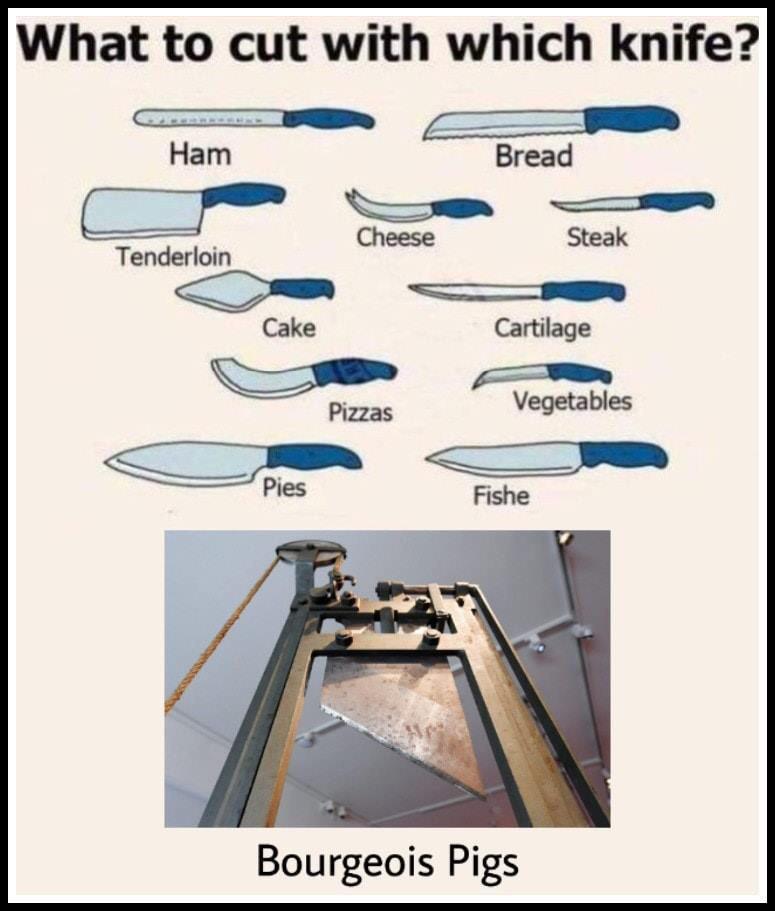 history history-memes history text: What to cut with which knife? Ham Bread Steak Tenderloin Cake Cartilage Bourgeois Pigs 