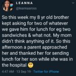 wholesome-memes cute text: LEANNA @eannaaross So this week my 8 yr old brother kept asking for two of whatever we gave him for lunch for eg two sandwiches & what not. My mom didn